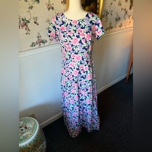 Vintage Royal Creations Navy & Pink Floral Hawaiian Princess Maxi Dress